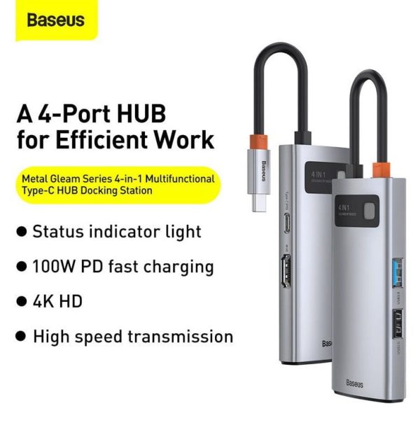 Baseus Metal Gleam Series 4-in-1 Multifunctional Type-C HUB Docking Station Gray CAHUB-CY0G - Image 4