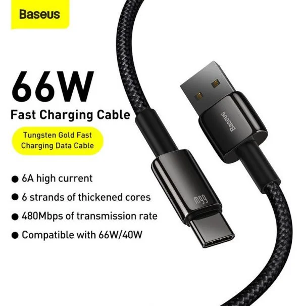 Baseus Tungsten Gold Fast Charging Data Cable USB to Type-C 66W 2m Black CATWJ-C01 - Image 1