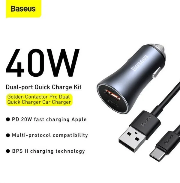 Baseus Golden Contactor Pro Dual Quick Charger Car Charger U+C 40W USB Type-C 5A 1.0m Cable Dark Gray TZCCJD-0G - Image 1