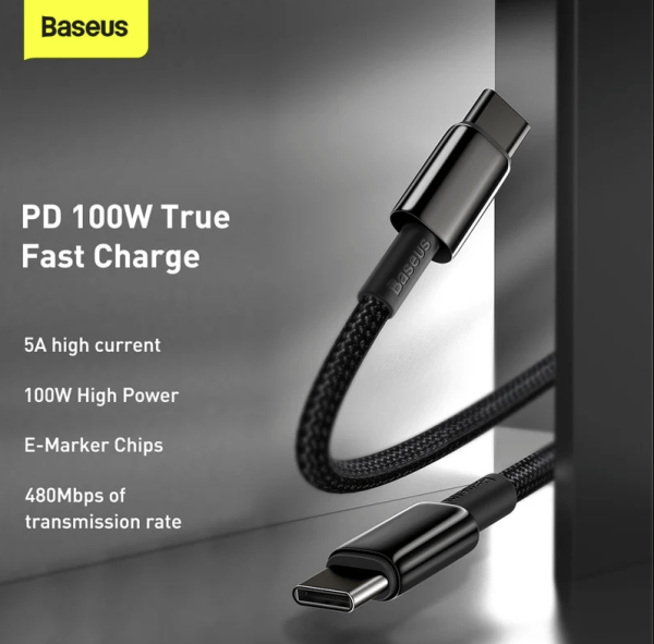 Baseus CATWJ-01Tungsten Gold Fast Charging Data Cable Type-C to Type-C 100W 1m Black - Image 4