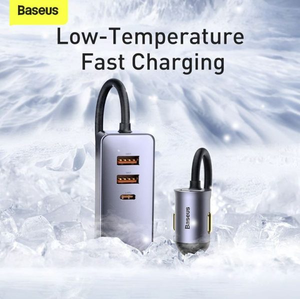 Baseus Car Charger Share Together PPS multi-port Fast charging car charger with extension cord 120W 2x USb 2X Type-C Gray CCBT-A0G - Image 3