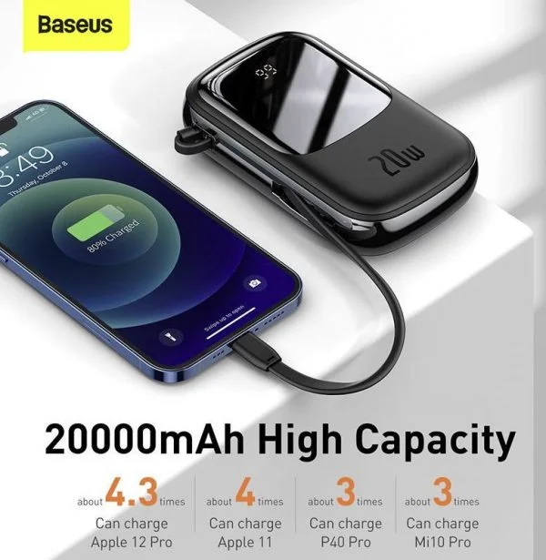 Baseus Power Bank 20000mAh Qpow Digital Display 20W  Iphone Lightning Cable Black PPQD-H01 - Image 4
