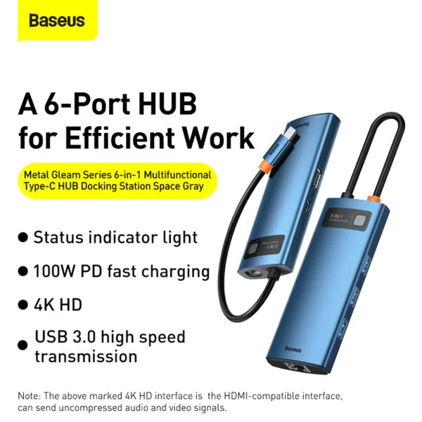 Baseus Metal Gleam Series 6-in-1 Multifunctional Type-C HUB Docking Station Blue WKWG000003 - Image 1