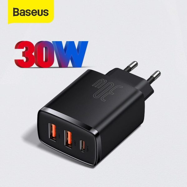 BASEUS Compact Quick Charger Portable 2U+C Three Ports 30W Wall Charging Adapter EU Plug - 3 Months Replacement Warranty - Image 1