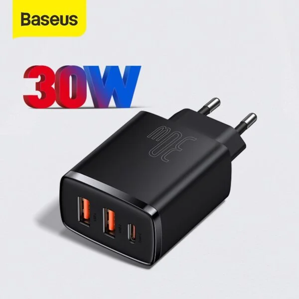 BASEUS Compact Quick Charger Portable 2U+C Three Ports 30W Wall Charging Adapter EU Plug - 3 Months Replacement Warranty - Image 1