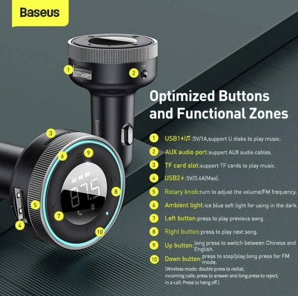 Baseus CCLH-01 Enjoy Car Wireless 5.0 MP3 3.4A Charger FM  modulator - Image 2