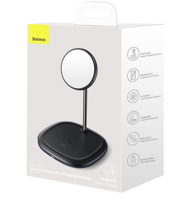 Baseus Swan 2-in-1 Wireless Magnetic Charging Bracket 20W Quick Charger 12V 2A  With USB For type-C 3A 1m Black - Image 7