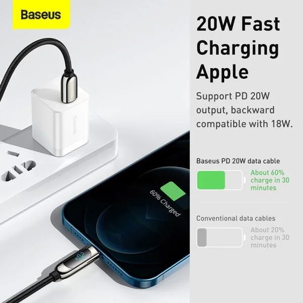Baseus Display Fast Charging Data Cable Type-C to Lightning For Iphone 20W 1m Black - 3 Months Replacement Warranty - Image 4