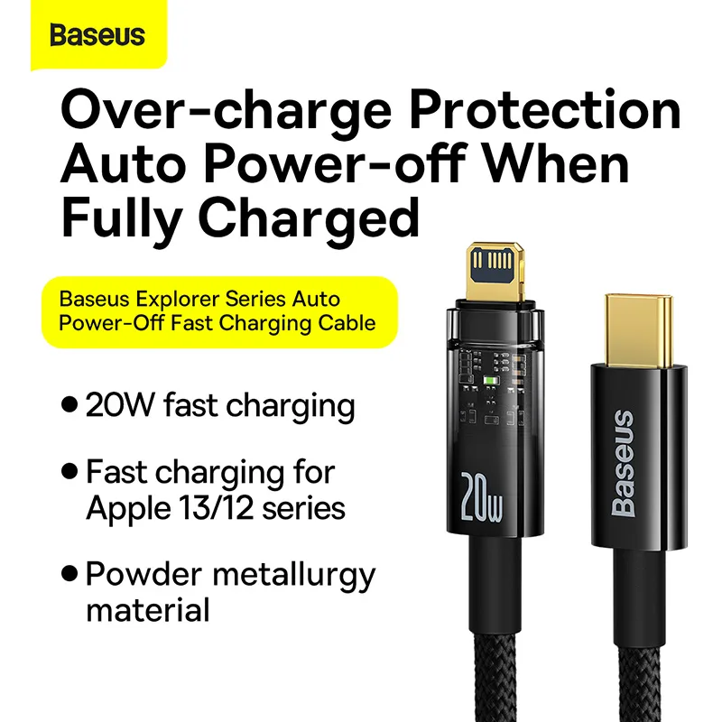 Baseus Cable Type-C to Lightning  Explorer Series Auto Power-Off Fast Charging Data PD Cable Type-C to IP 20W 2m Black -CATS000101 - Image 1