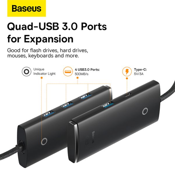 Baseus Hub Lite Series 4-Port USB-A HUB Adapter 4X USB 3.0 Black 2m WKQX030201 - Image 3