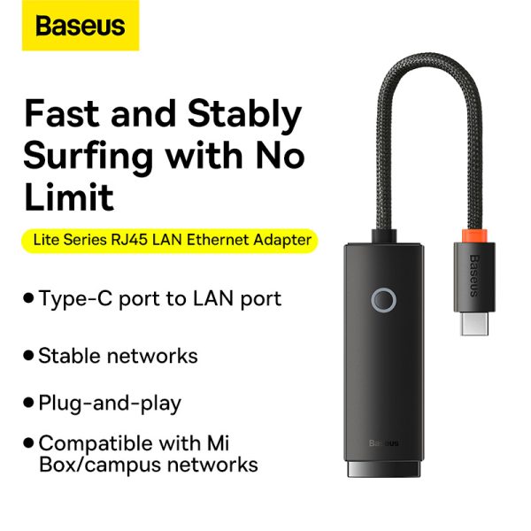 Baseus Hub Lite Series Ethernet Adapter Type-C to Gigabit RJ45 LAN Port 1000Mbps Black WKQX000301 - Image 1