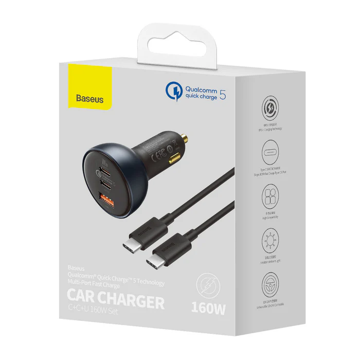 Baseus Car Charger 160W Qualcomm® Quick Charge™ 5 Technology 2C+U With 100w Type-C Cable  TZCCZM-0G - Image 7