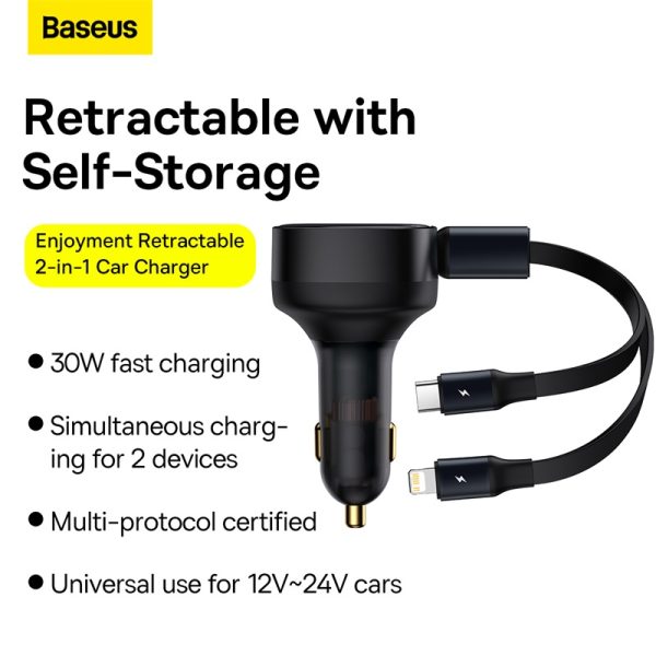 Baseus Car Charger Enjoyment Retractable dual Output Type-c & Lightning 30W Black CGTX000001 - Image 1