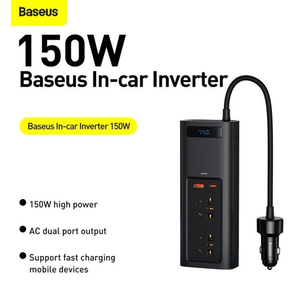Baseus In-car Inverter 150W 220V CN EU Ports  Black CRNBQ-A01 - Image 1