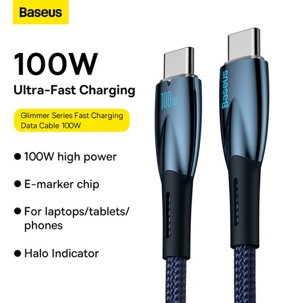 Baseus Cable Type-C to Type-C PD Charging 100W  Glimmer Series Fast Charging Data Cable 2m Blue For Phone & Laptop CADH000803 - Image 1