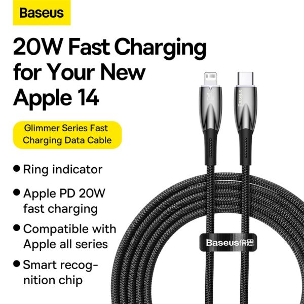 Baseus Charging Cable PD For Iphone 14 13 12 11  Glimmer Series Fast Charging Data Cable Type-C to Lightning iP 20W 1m Black CADH000001 - Image 1