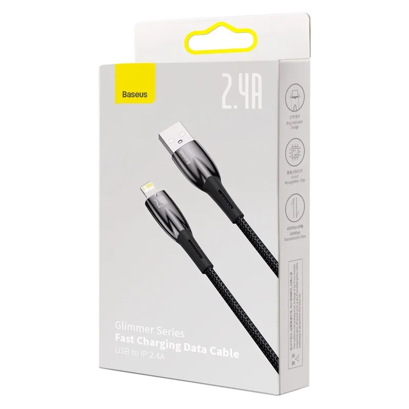 Baseus Cable For Iphone 5 6 7 8 9 X 11 12 13 14 Series  Glimmer Series Fast Charging Data Cable USB to iP 2.4A 1m Black CADH000201 - Image 2