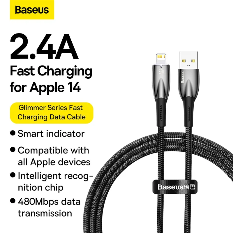 CADH000201 (2) Baseus Cable For Iphone 5 6 7 8 9 X 11 12 13 14 Series Glimmer Series Fast Charging Data Cable USB to iP 2.4A 1m Black CADH000201 - Image 1