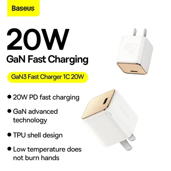 Baseus GaN3 Fast Charger 1C 20W For Iphone 14 13 12 11  Series Google Samsung  CN White CCGN020002 - Image 1