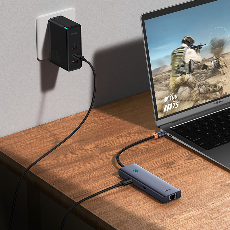 Baseus Type C Hub 6 Port Multi Functional Hub UltraJoy Series HDMI4K 30@Hz Rj45 USB 3.0 3X PD 6 In 1 Hub B00052802811 00 15