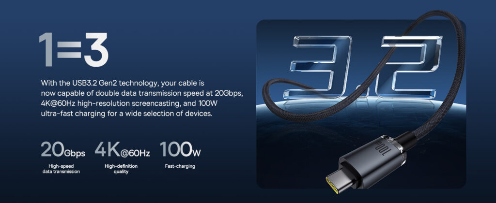 Baseus Thunderbolt Cable Crystal Shine USB3.2 Full Featured USB C to USB C Display Cable 100W 1.5m 20Gb Cluster Black P10318204111 00 2