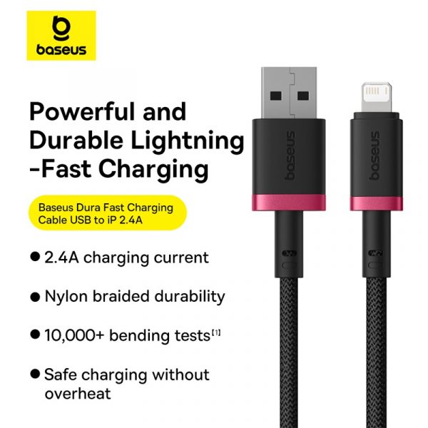 Baseus Cable For Iphone Dura Series Fast Charging Cable USB to Lightning 2.4A 2m Red+Black P10377801U01-03