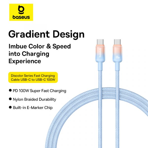 Baseus 100W Cable Type-c to Type-c Discolor Series Fast Charging Data Cable 2M  Blue P10374902311-01