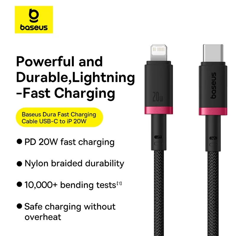 Cable For Iphone PD 20W by Baseus Dura Series Fast Charging Cable Type-C to Lightning 2m Red+Black P10377800U01-03