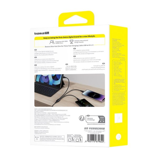BASEUS Ultra-Fast 3 in 1 Fast Charging Cable USB to Micro USB Lightning USB-C 3.5A 1.3m - Black P10376303121-00 - Image 4