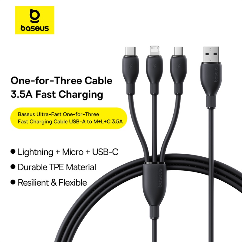 BASEUS Ultra-Fast 3 in 1 Fast Charging Cable USB to Micro USB Lightning USB-C 3.5A 1.3m - Black P10376303121-00