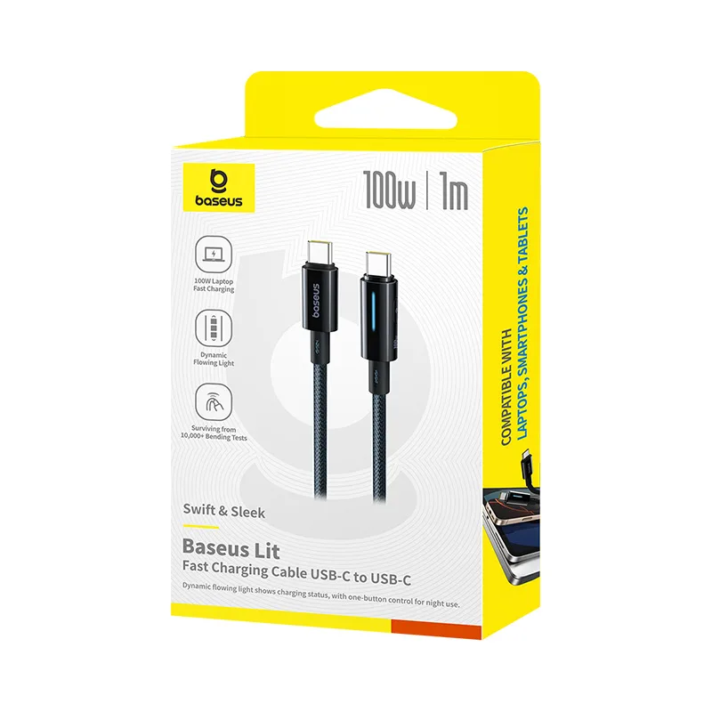 Baseus PD 100W  Lit Button-Control Fast Charging Data Cable USB-C to USB-C  For Macbook Iphone 15 16 Series Samsung Pixel Cosmic Black 2M P10379000121-01 - Image 2