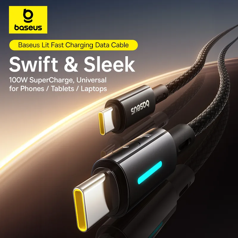 Baseus PD 100W Lit Button-Control Fast Charging Data Cable USB-C to USB-C For Macbook Iphone 15 16 Series Samsung Pixel Cosmic Black 2M P10379000121-01
