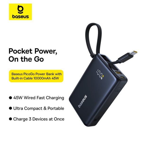 Baseus Power Bank 45W 10000mAh PicoGo Digital Display With Built-in Type-c Cable For Iphone 15 16 Samsung Pixel P10076803123-00