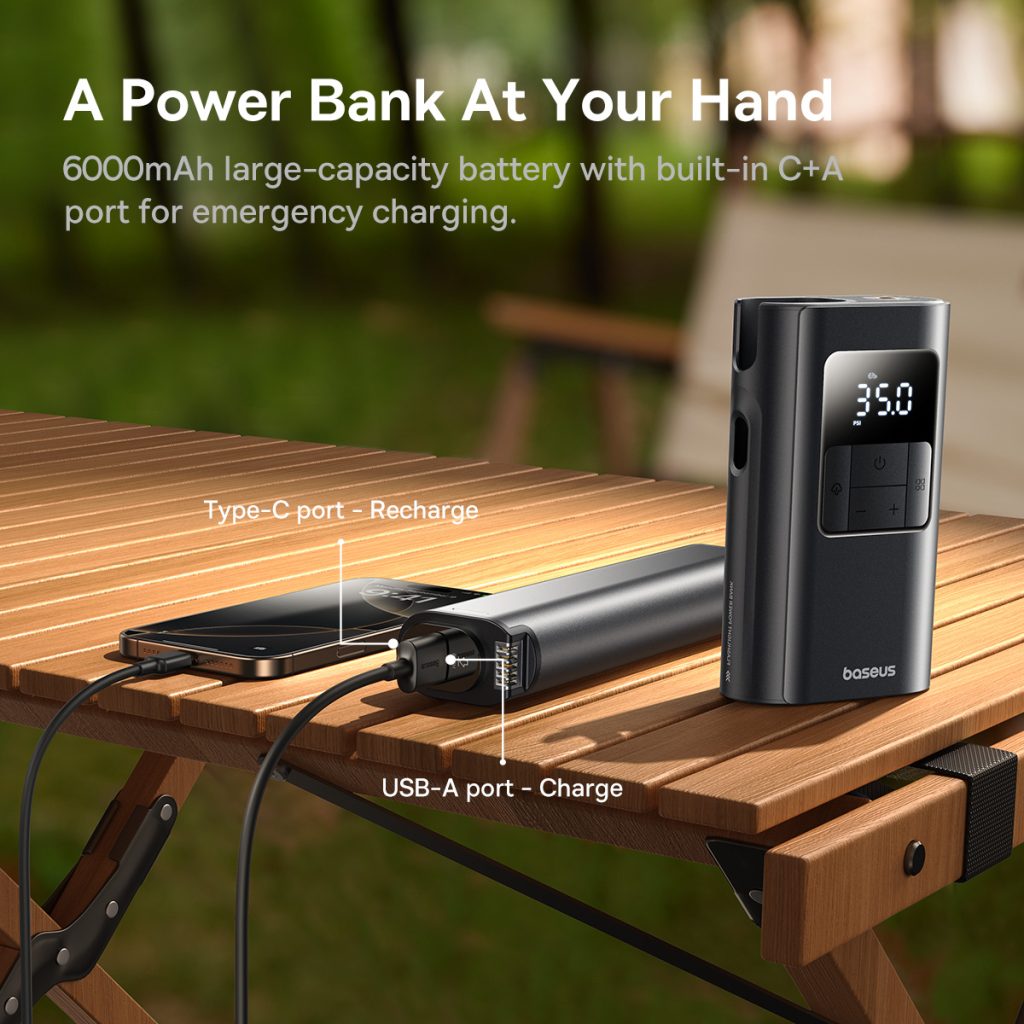Baseus Car Tire Inflator Pumper VA1 Dual Power Wired & Wireless With Flashlight 6000 mAh Power Bank C11169001121-00