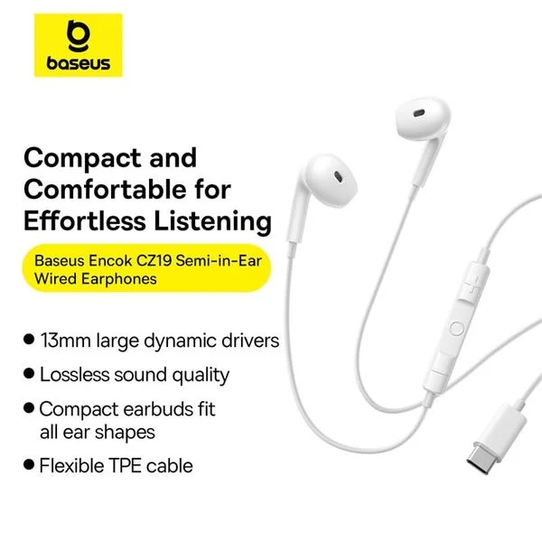 Baseus CZ19 Wired Earphone Type-c For Iphone Samsung Google Pixel One Plus Moon White A00182201213-00
