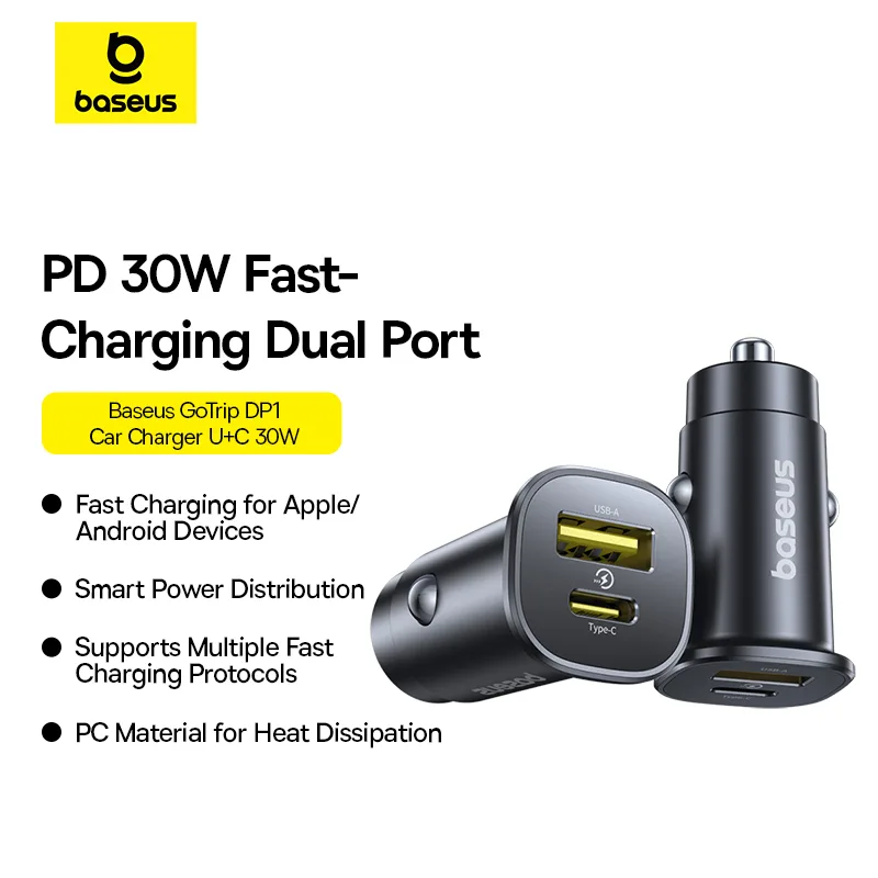 Baseus Car Charger GoTrip Series Dual Output 1xType-c PD 1x USB A 30W Cosmic Black C00072300123-00