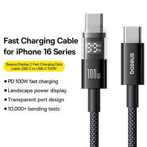 Baseus Display 2 Type-C to Type-C 100W Cable For Iphone 15 16 Samsung S25 S24 Pixel Macbook 1m