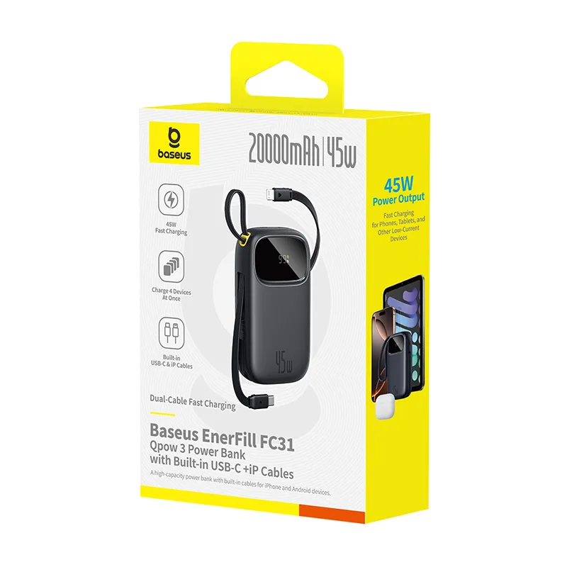 Baseus Power Bank QPow 3 45W EnerFill FC31  Built-in Type-c & Lightning Cable 10000mAh For Iphone X to 17 Series Macbook Pixel S25 Ultra  Black E0028C00 - Image 2