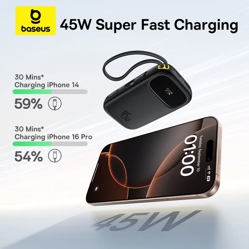 Baseus Power Bank QPow 3 45W EnerFill FC31  Built-in Type-c & Lightning Cable 10000mAh For Iphone X to 17 Series Macbook Pixel S25 Ultra  Black E0028C00 - Image 1
