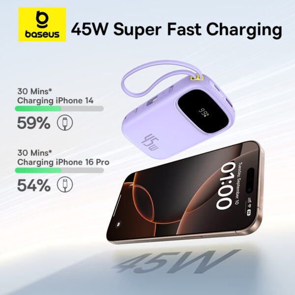 Baseus Power Bank QPow 3 45W EnerFill FC31  Built-in Type-c & Lightning Cable 20000mAh For Iphone X to 17 Series Macbook Pixel S25 Ultra  Purple  E0028D02