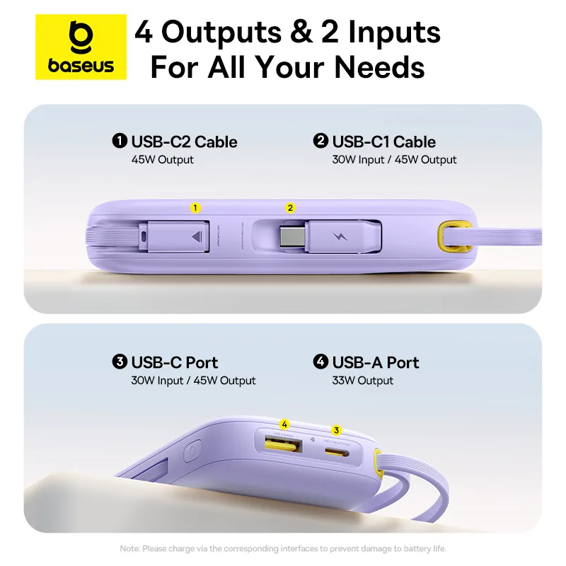 Baseus Power Bank QPow 3 45W EnerFill FC31  Built-in Type-c & Lightning Cable 20000mAh For Iphone X to 17 Series Macbook Pixel S25 Ultra  Purple  E0028D02 - Image 4